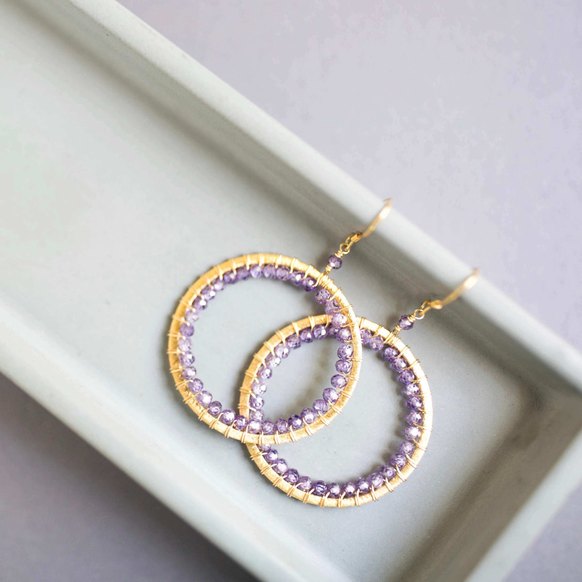 Halo Hoop Earrings — Blue Chalcedony, Amethyst, Black Spinel